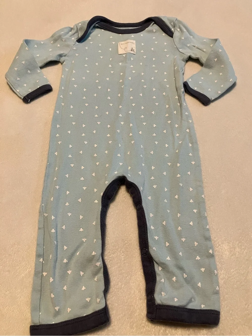 Burt's Bees Baby Light Blue Bee Print Romper with Navy Trim
